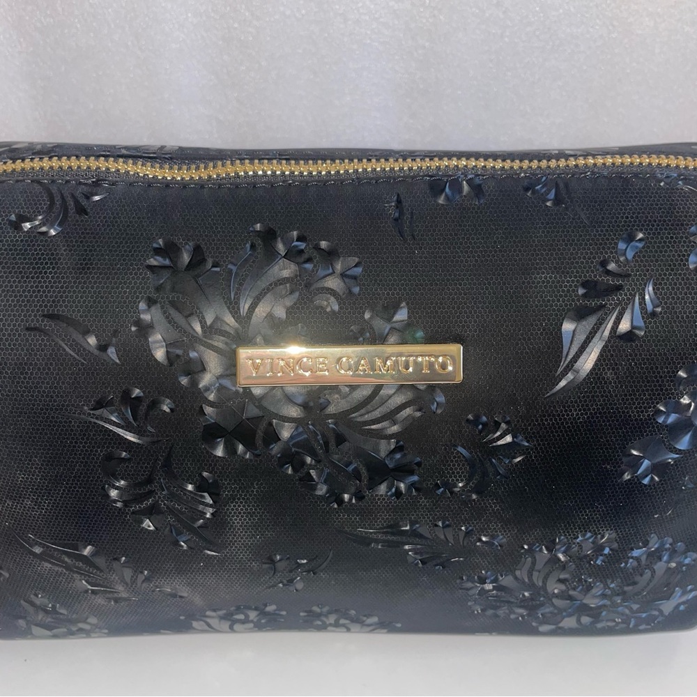 NWT Vince Camuto Black Floral Embossed Cosmetic Bag with Gold Hardware - Picture 4 of 11